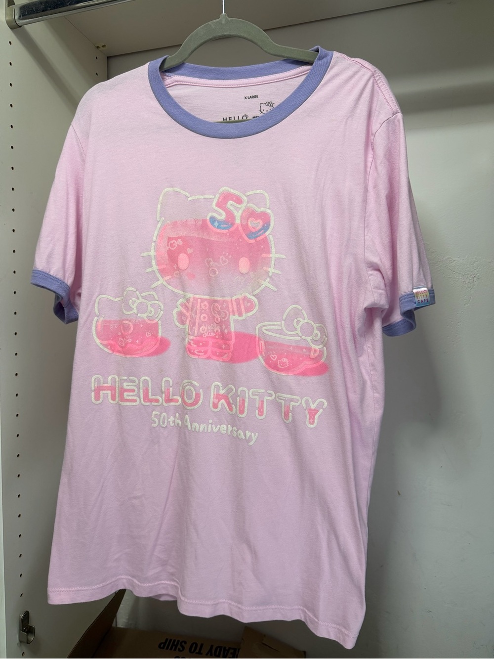 Sanrio Hello Kitty Cafe 50th Anniversary XL Pink Purple Ringer Tee